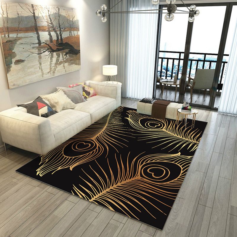 Black Modern Rug Polyester Polyester Feather Rug Stain Resistant Rug for Living Room