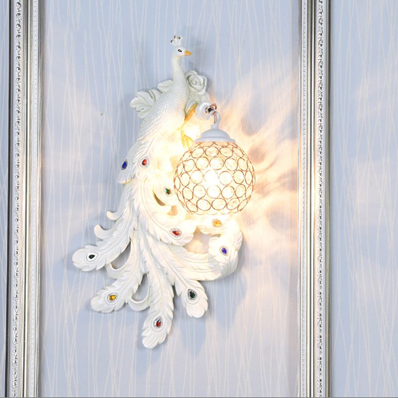 1 Light Blue/Gold Peacock Wall Lamp Country Resin 1/2-Pack Sconce Lighting with Crystal Globe Shade, Double/Right/Left