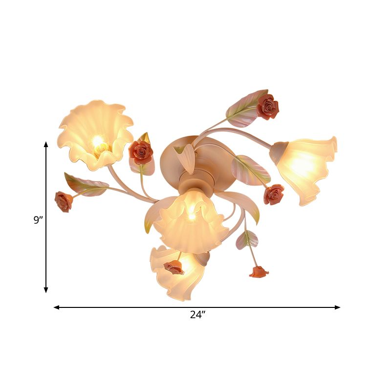 Flor de vidrio blanco semi flanpletería Luz rústica 4/7 luces dormitorio lámpara colgante de la lámpara
