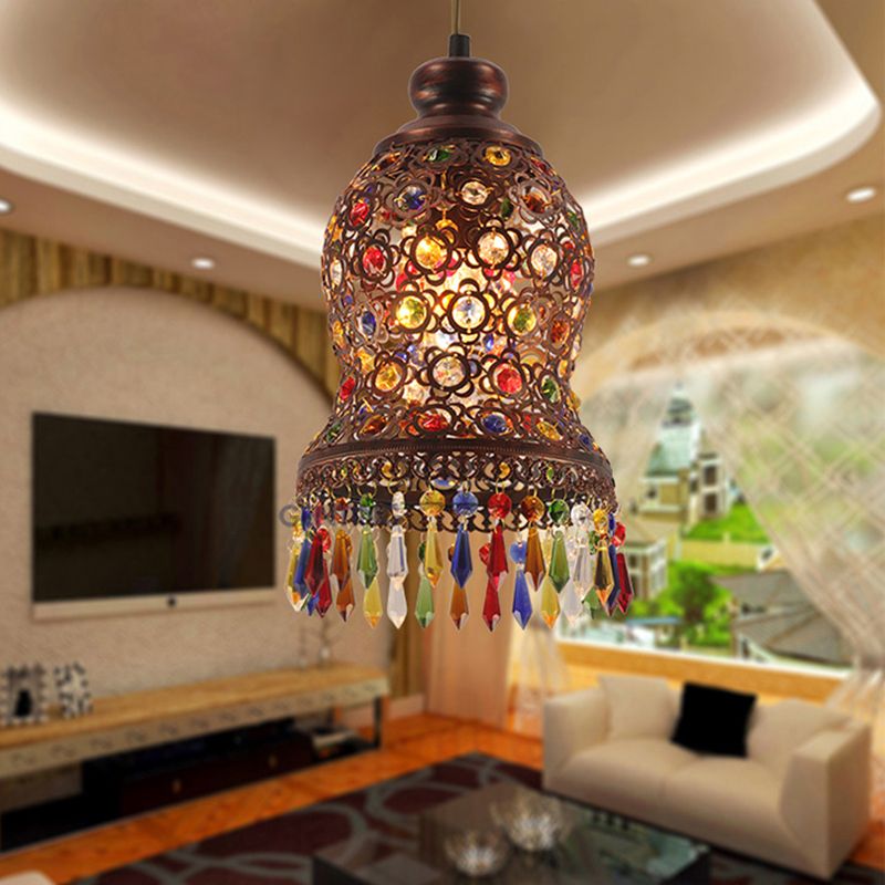 1 Bulb Metal Pendant Light Fixture Bohemian Copper Urn Shape Living Room Drop Lamp