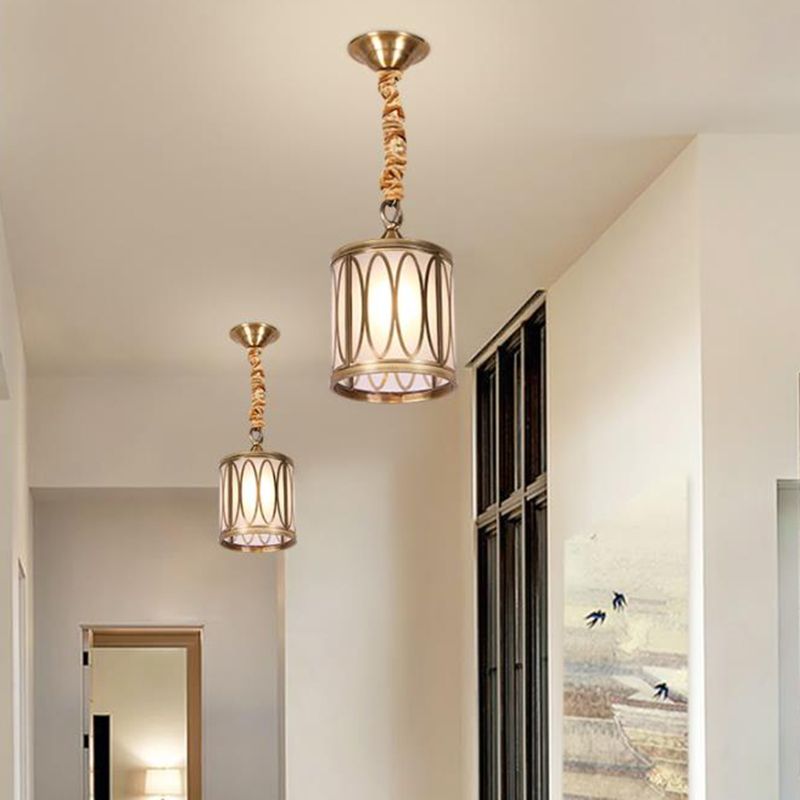 Cylindrical Opal Glass Hanging Light Kit Rural 1 Head Hallway Suspension Pendant Lamp with Circle/Oval Pattern