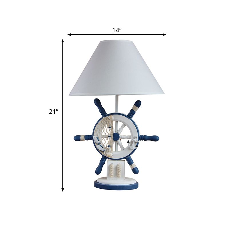 Luz de mesa de noche con forma de timón de madera, lámpara de noche azul única de estilo mediterráneo con pantalla de tela cónica