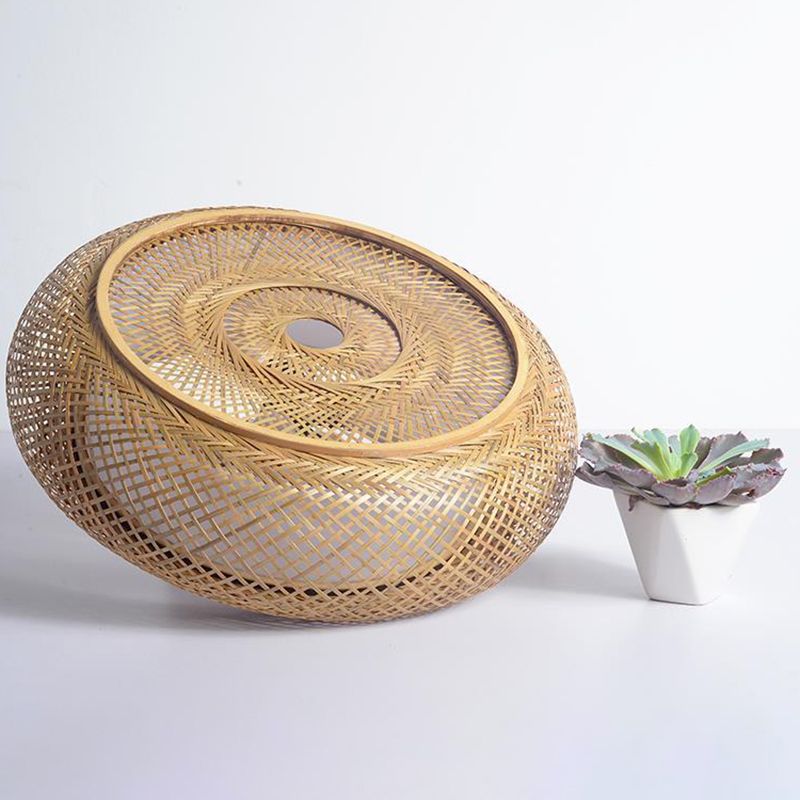 Lámpara de techo de 3 luces con forma de tambor de estilo creativo asiático, montaje empotrado de arte tejido de bambú para pasillo