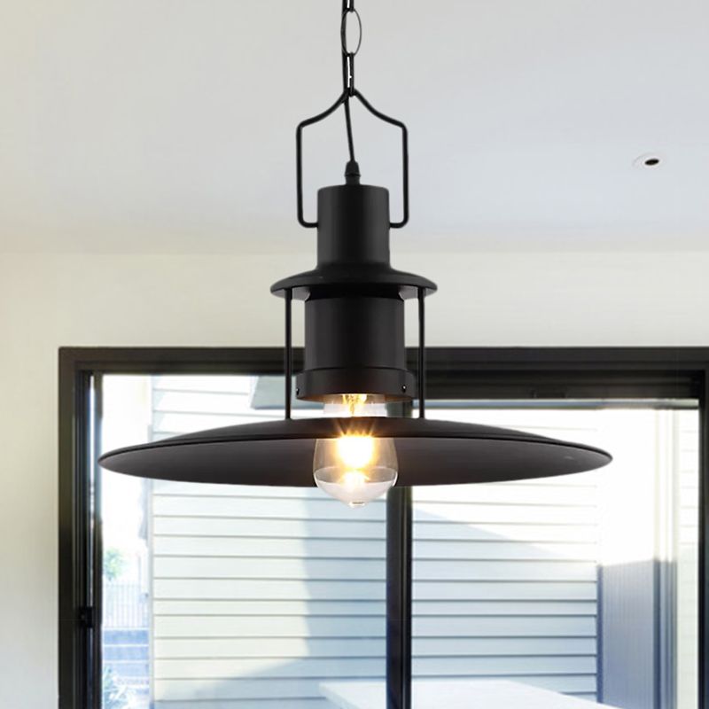 Flat Cone Shade Metal Pendant Light Industrial 1 Light Dining Room Hanging Fixture in Black, 16" Width