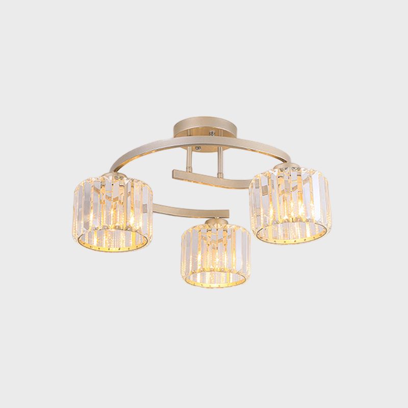 Crystal Prism Cup Semi Flush Chandelier Contemporary 3 Heads slaapkamer plafondmontage lamp met goud gebogen arm