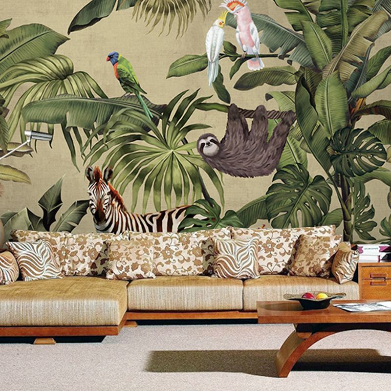 Large Wall Covering Green Forest and Animal Mural Wallpaper for Accent Wall, Non-Woven Material