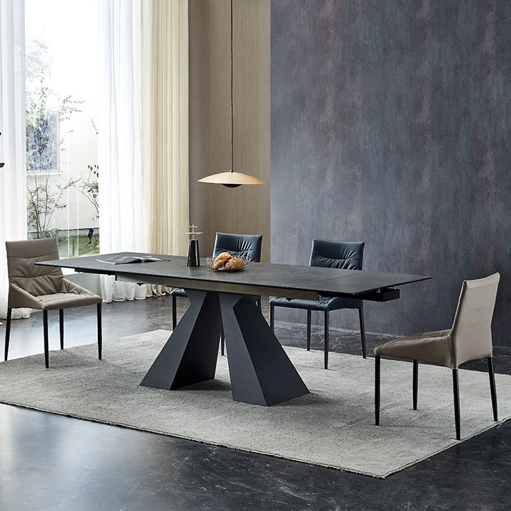 Industrial Sintered Stone Dining Table Rectangle Black Table with Pedestal Base