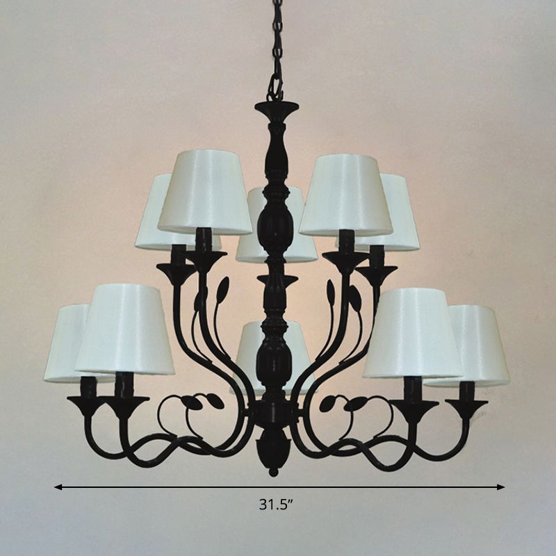 Metal Black Chandelier Lighting Cuvry Arm 10/12/16 Bulbs Vintage Ceiling Hanging Lamp with White Cone Fabric Shade
