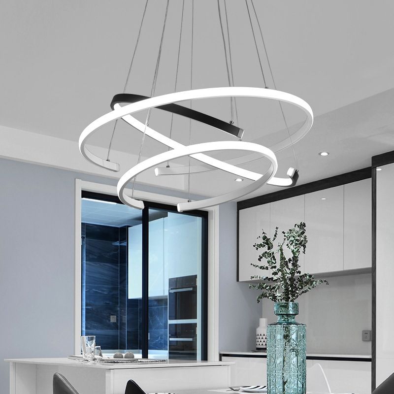Black and White 3 Tiers C-Shape Chandelier Modernist Acrylic LED Hanging Lamp Lit for Living Room