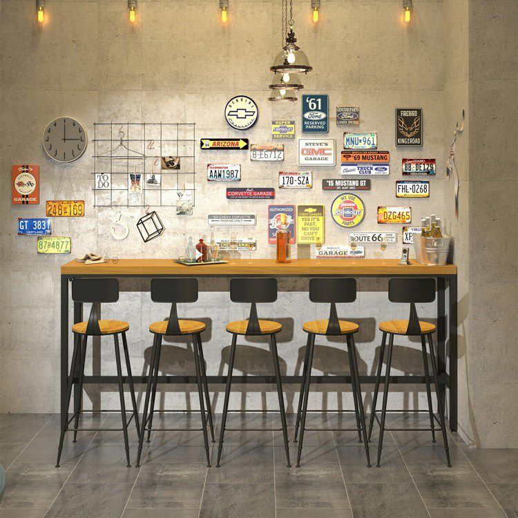 Industrial 1/6/11 Pieces Bar Table Set Rectangle Wood Counter Table with Stools for Cafe