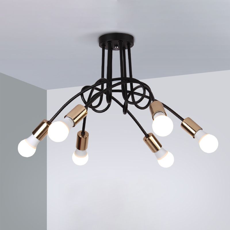 Iluminación de montaje semiempotrado trenzado negro/dorado con bombilla abierta, lámpara de techo de cocina de metal industrial de 3/5/6 luces