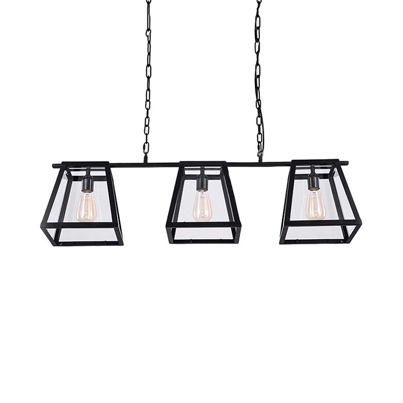 Black Pyramid Island Light Fixture Industrial Metal 3-Bulb Kitchen Hanging Lamp with Glass Panel