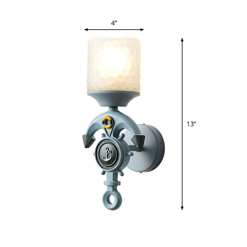 Anchor Resin Wall Lighting Fixture Modernism 1 Bulb Blue Wall Mount Light with Cylindrical Dimpled Glass Shade