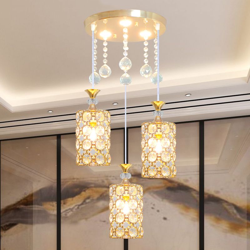 Crystal-Encrusted Cylinder Hanging Lighting Contemporary 3 Bulbs Gold Finish Multi Pendant