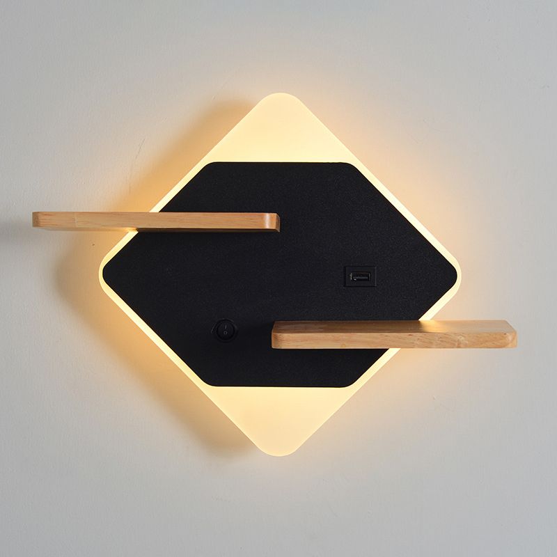 Geometric Shaped Wall Light Modern Acrylic Bedroom LED Sconce Light with Wooden Rack