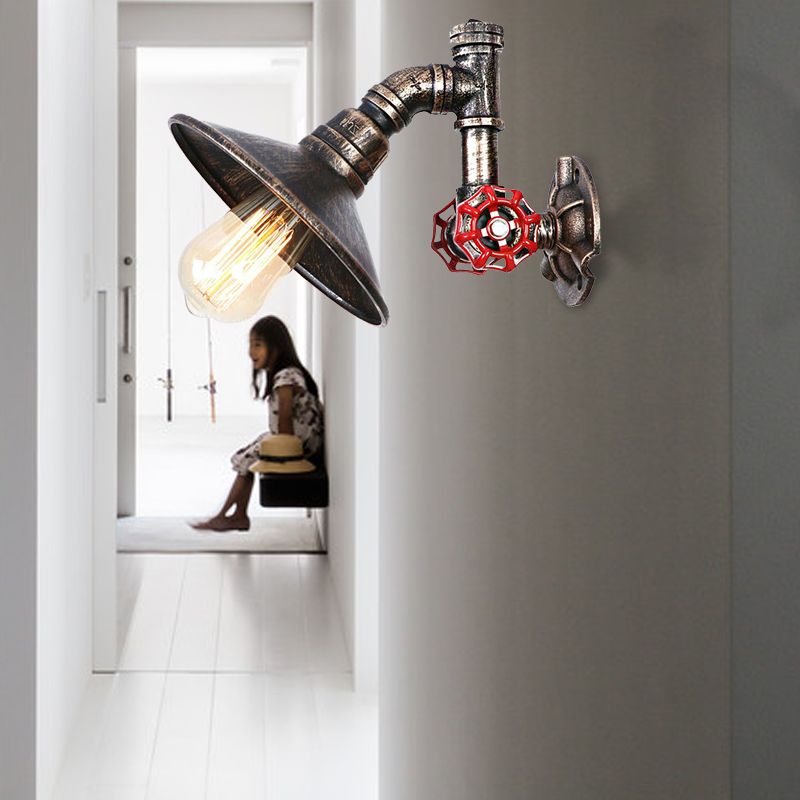 Metallic Flared Shade Wall Sconce Lighting with Pipe and Valve Rustic 1 Light Corridor Wall Lamp in Aged Bronze