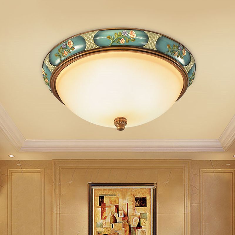 3-Head Ceiling Mounted Light Vintage Bedroom Flushmount Lamp with Dome Frosted Glass Shade in Blue-Green, 15"/19" W