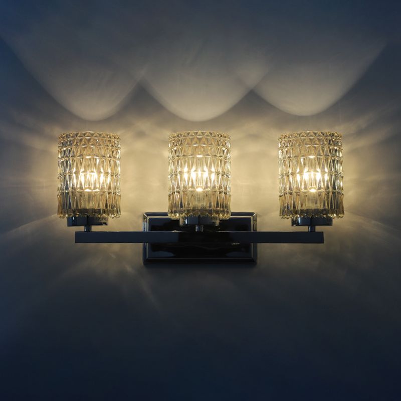 3-Light Cylindrical Vanity Lamp Traditional Chrome Lattice Glass Wall Sconce for Bathroom