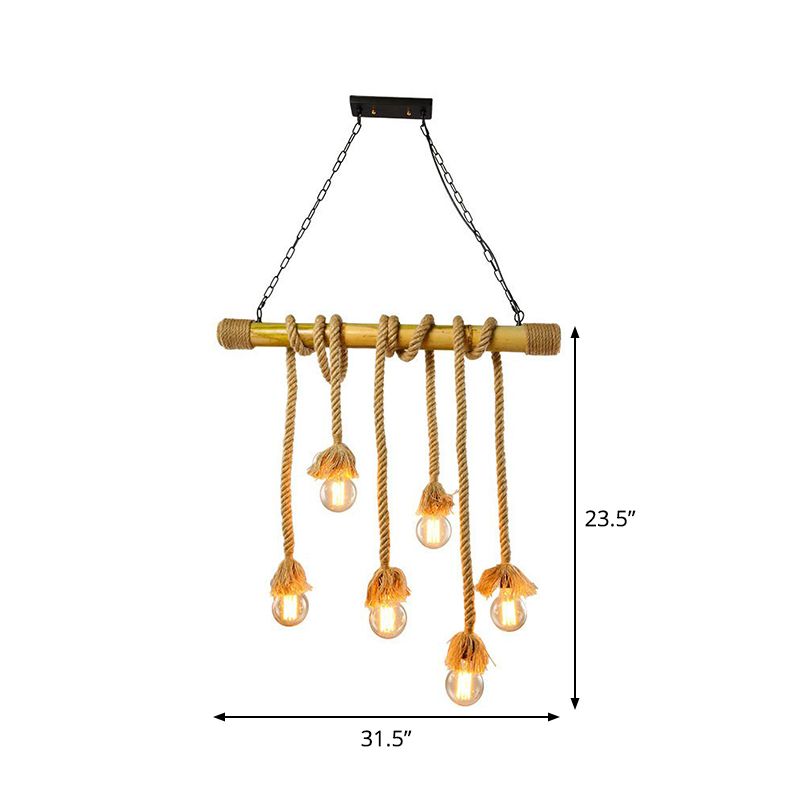 Bare Bulb Design Bamboo Hanging Lamp Rustic 3/6-Head Dining Room Island Light with Rope Cord in Brown
