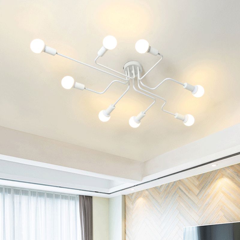 Loft Industrial Exposed Semi Flush Light Fixture 4/6-Head Metallic Ceiling Light Fixture in Black/White for Living Room