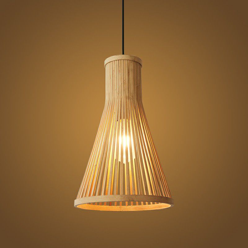 1 Head Tea Room Ceiling Light Minimalist Wood Drop Pendant with Cone Bamboo Shade