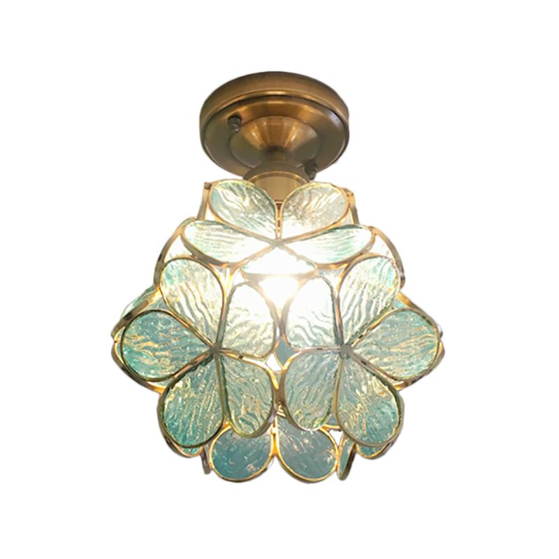1 Light Pink/Blue/Green/Clear Floral Ceiling Light Fixture Retro Style Stained Glass Flushmount Light for Hallway