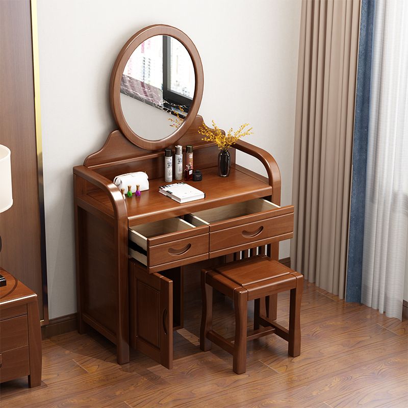 Traditional 2-Drawer Solid Wood Dressing Table with Mirror Makeup Vanity Stool