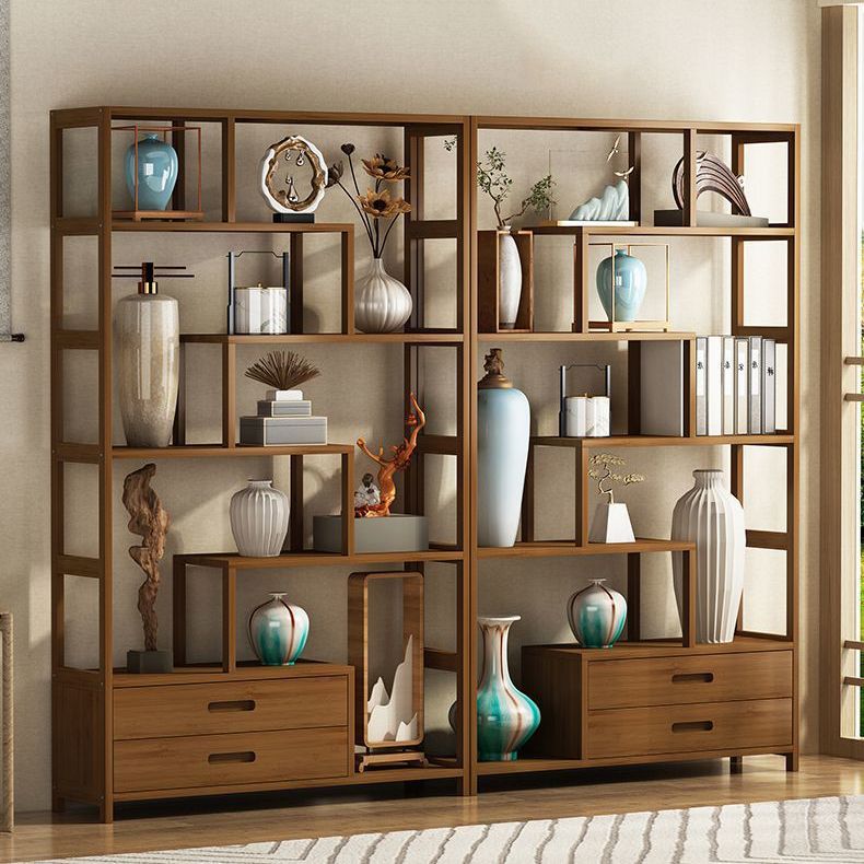 Contemporary Brown Etagere Book Shelf Open Vertical Bookshelf with Drawers