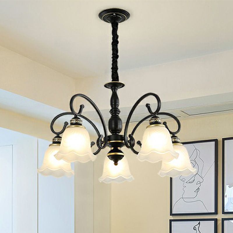Rustic Bell Shade Suspension Light White Glass Chandelier Light with Ruffle Trim for Dining Room