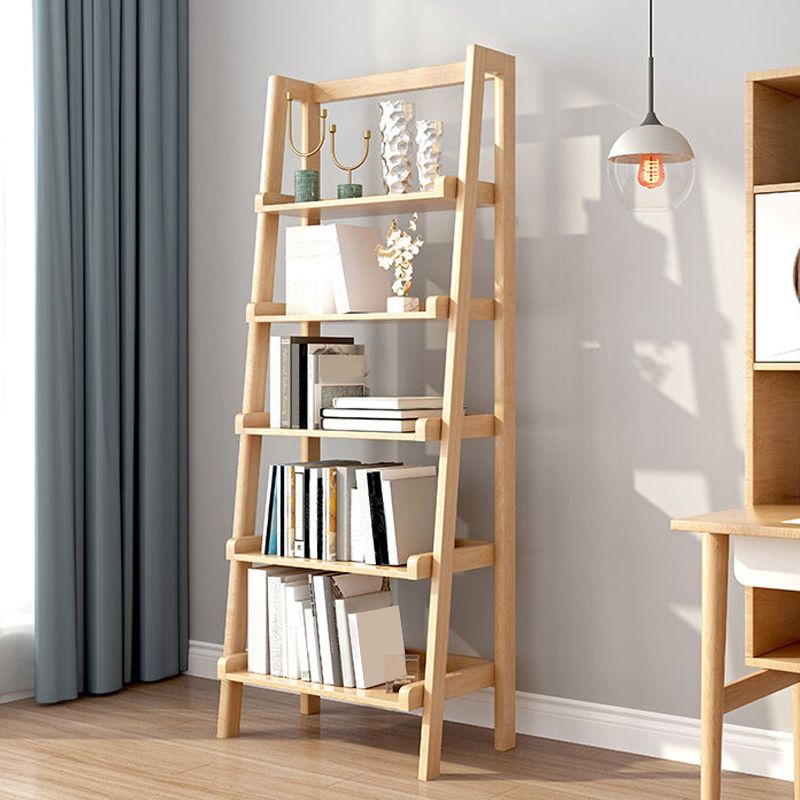 Modern Style Bookcase Rubber Wood Open Back Ladder Bookshelf for Home Office
