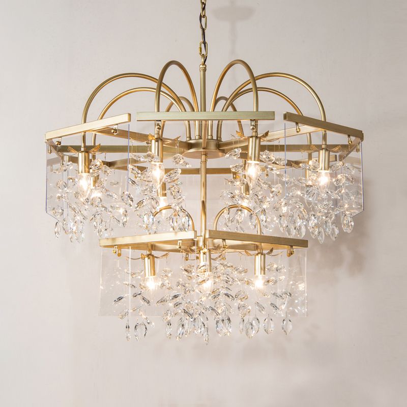 Gold Geometric Shaped Chandelier Antique Metal Dining Room Hanging Lighting with Crystal Drops