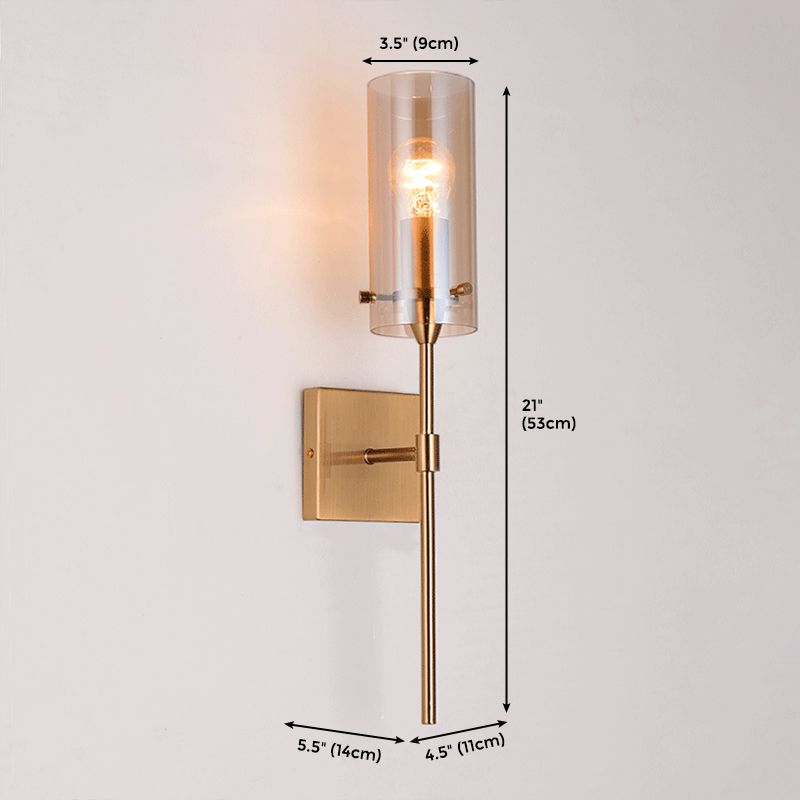 Brass Modernism Wall Mounted Lamp, Torch Design with Cylinder Shaped Glass Shade