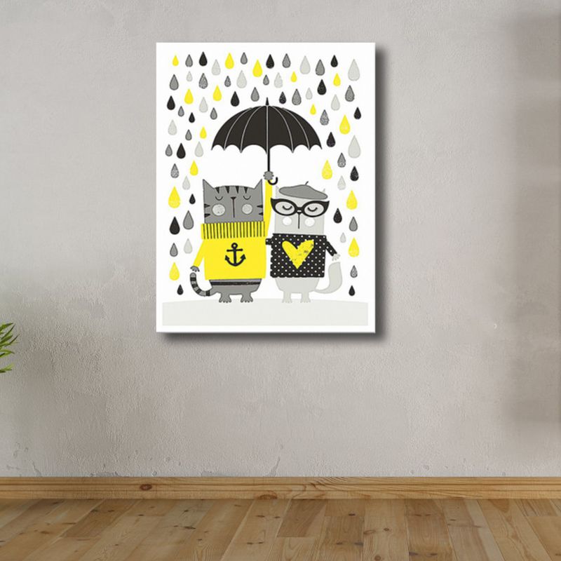 Cats with Umbrella Wall Art Print Kids Style Funny Animal Canvas in Grey for Bedroom