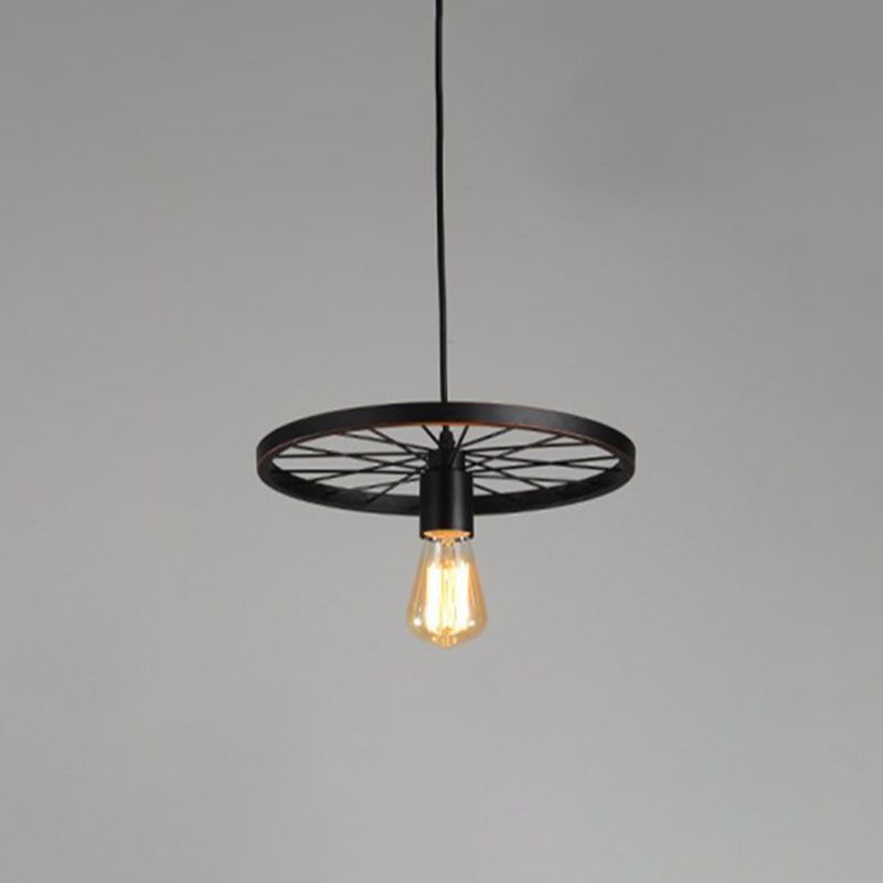 Wagon Wheel Style Industrial Hanging Light retrò ciondolo in ferro battuto in nero