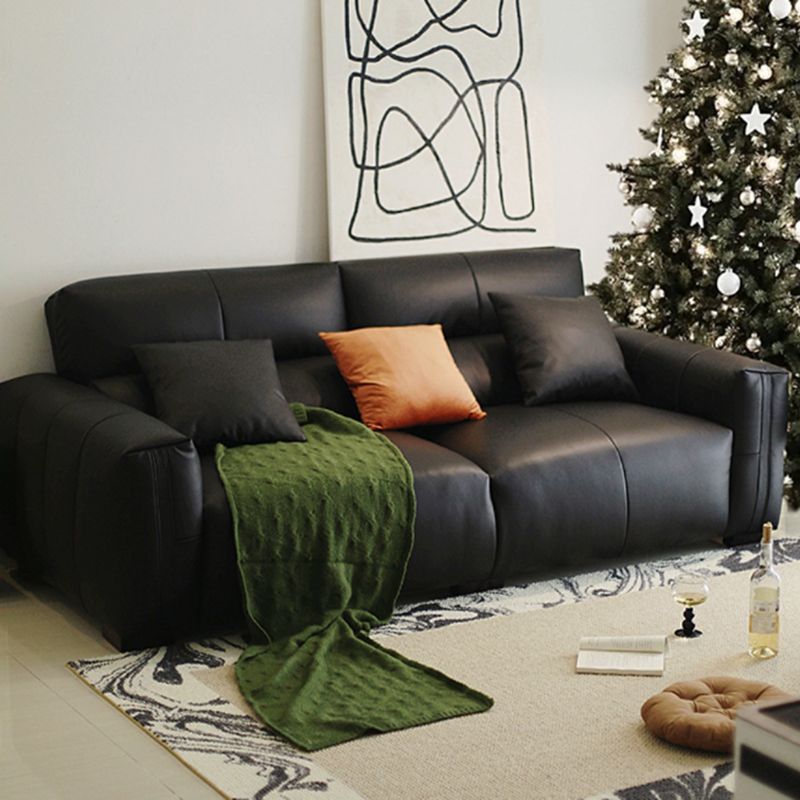 Black Genuine Leather Sofa Mid-Century Modern Square Arm Sofa