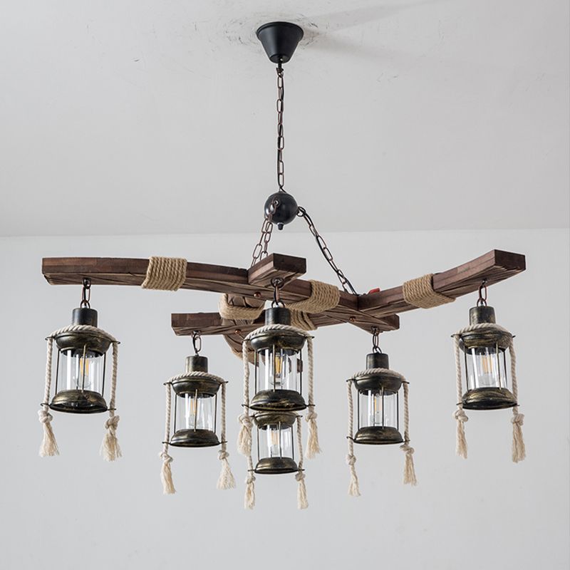 Lantern Restaurant Island Light Warehouse Clear Glass 6 Lights Wood Hanging Lamp