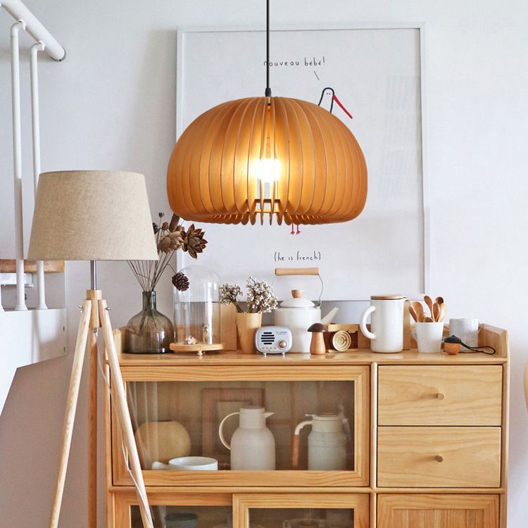 Pumpkin Ceiling Pendant Lamp Nordic Style Wood Dinning Room Suspension Pendant in Beige