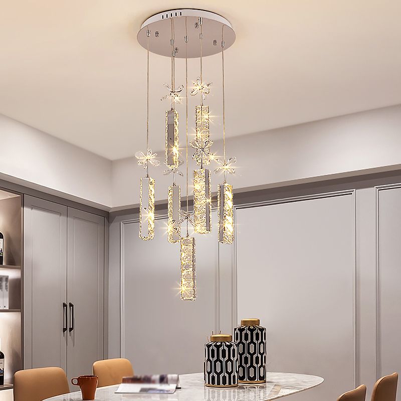 Snijd kristal lineaire en bloem druppellamp Modern LED Multi Pendant Light met ronde/lineaire luifel in chroom