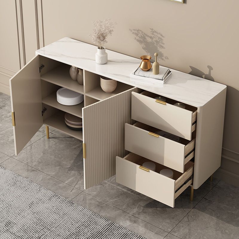 3 Drawer Sideboard White Sintered Stone 2-Door Credenza for Living Room