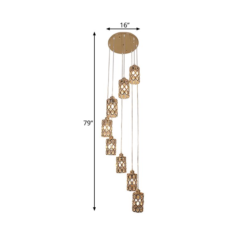 8 Heads Hanging Lamp Contemporary Stair Multi Light Pendant with Cylinder Crystal Shade in Gold