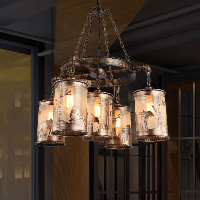 Antiquise Bronze Cylinder Shade Chandelier Lampe Coastal Metal and Fabric 5/7 Lumières Salon Hanging Light