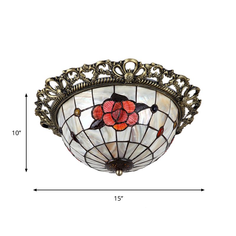 Gridded Hemispherical Ceiling Light 2-Bulb Natural Shell Baroque Flush Mount Lighting in Brass