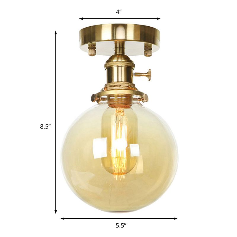 Brass One Bulb Ceiling Lighting Farmhouse Clear/Amber Glass Globe Semi Flush Light for Dining Room