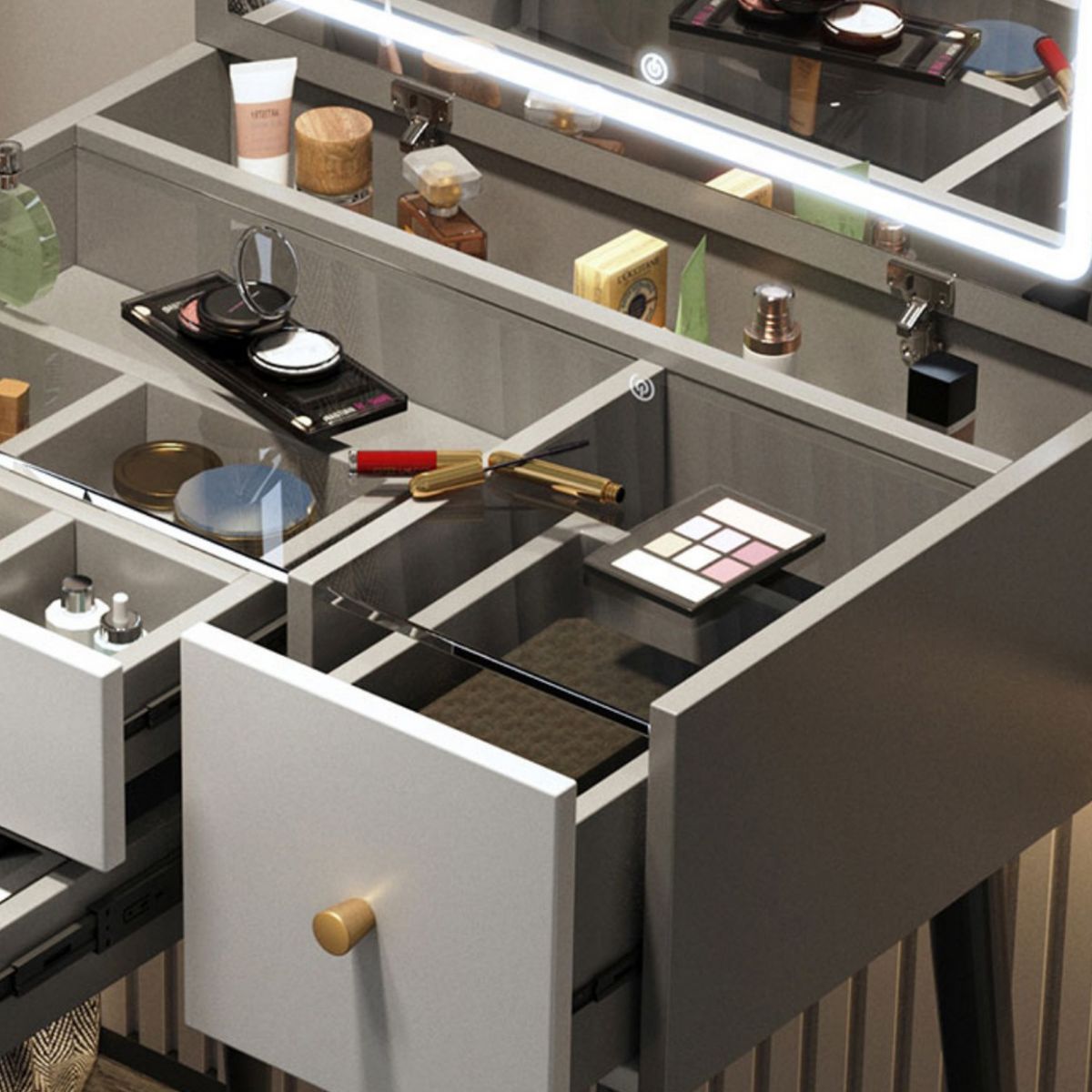 Glam Mirrored Glass Vanity Desk 3 Drawer Vanity Dressing Table