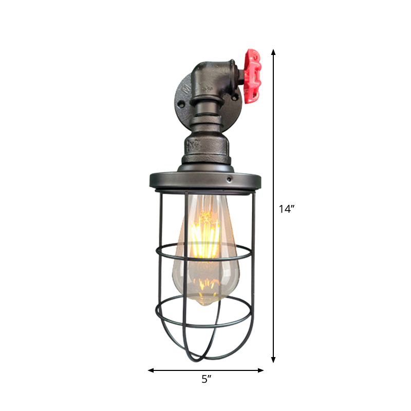 Wire Frame Corridor Wall Sconce Iron 1 Head Farmhouse Wall Lighting Fixture with Red Valve Design in Antique Brass/Black