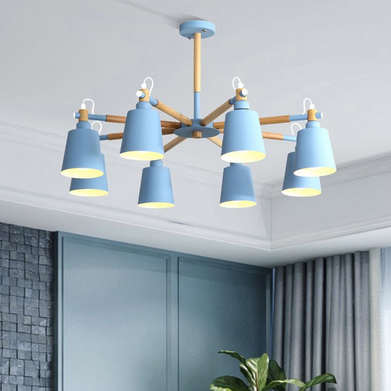 Wooden Sputnik Pendant Light in Nordic Style Wrought Iron Macaron Chandelier for Dining Room