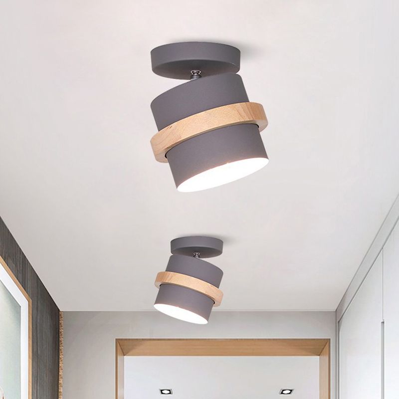 Modern Artistic Ceiling Light Wooden Geometric Semi Flush Mount with Wrought Iron Shade