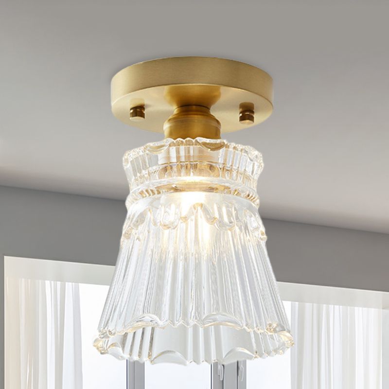 Single Bulb Semi Flush Mount Industrial Cone Clear Textured Glass Ceiling Light in Brass for Living Room