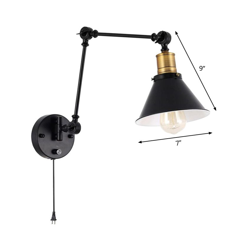Flexible Swing Arm Metal Task Wall Light Industrial 1/2-Light Office Plug-in Wall Mount Lamp with Cone Shade in Black