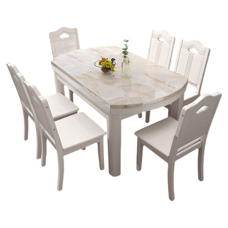 7 Piece Dining Room Chair and Table Set in White, Contemporary Style